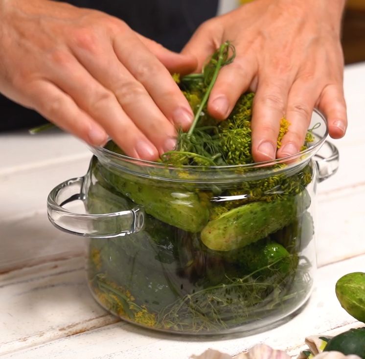 Lightly salted cucumbers in a pot