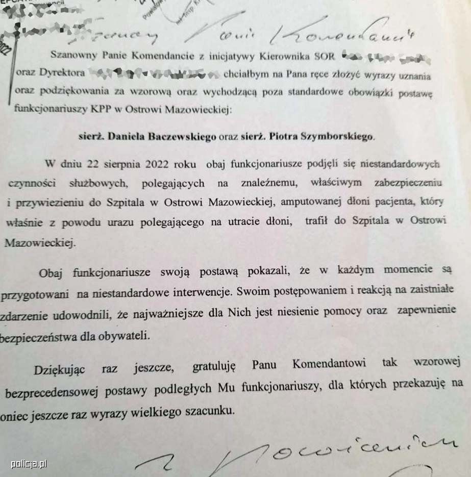 List ze szpitala z podziękowaniami dla policjantów