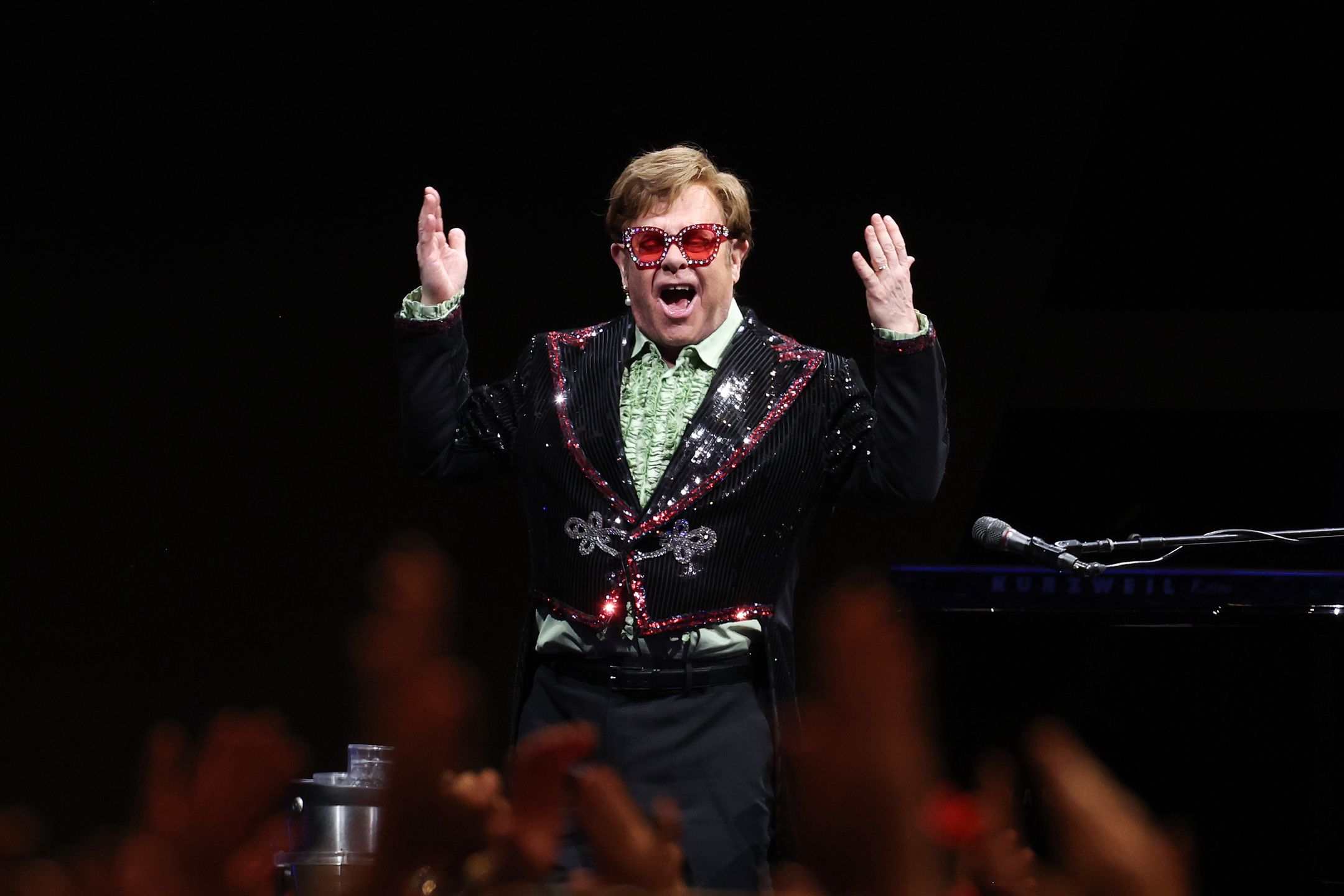 LONDON, ENGLAND - APRIL 02: Sir Elton John Performs live on stage during his "Farewell Yellow Brick Road" Tour at The O2 Arena on April 02, 2023 in London, England. (Photo by Simone Joyner/Getty Images)