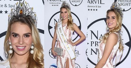 Miss Polonia 2018 wdzięczy się na ściance w hotelu