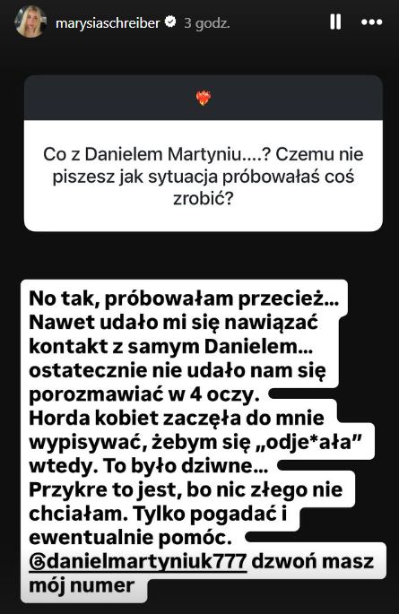 Wpis Marianny Schreiber na Instagramie