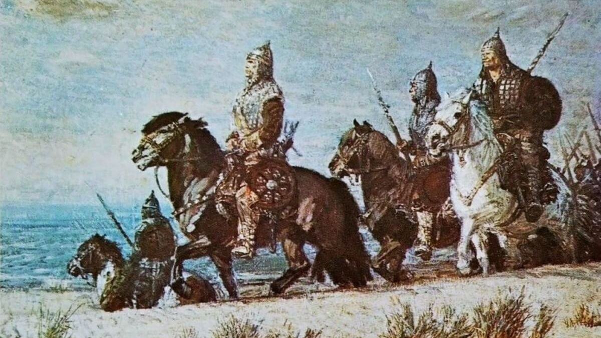 Drużyna Bolesława Chrobrego. Pocztówka z 1931 roku na podstawie obrazu Michała Byliny