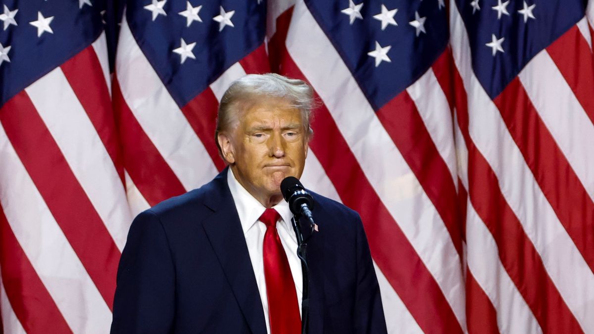 Former US President Donald Trump during an election night event at the Palm Beach Convention Center in West Palm Beach, Florida, US, on Wednesday, Nov. 6, 2024. Trump is on the cusp of recapturing the White House, projected as the winner across pivotal swing states with his party set to control the Senate and markets swinging in expectation of his possible victory. Photographer: Eva Marie Uzcategui/Bloomberg via Getty Images