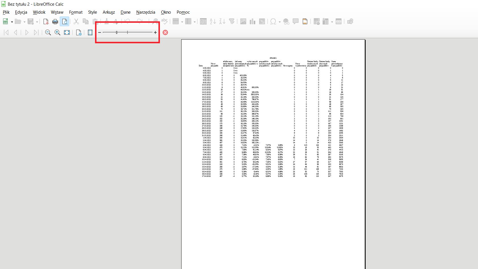 LibreOffice Calc: arkusz przygotowany do wydruku na stronie.