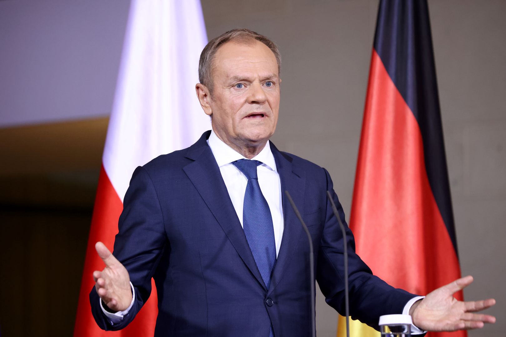 Donald Tusk, Poland's prime minister, during a news conference with Olaf Scholz, Germany's chancellor, at the Chancellery in Berlin, Germany, on Monday, Feb. 12, 2024. The three parties in Germany's unpopular ruling coalition suffered losses in Sunday's partial repeat in Berlin of the 2021 federal election, continuing a national trend that is likely to be repeated in four key votes this year. Photographer: Liesa Johannssen/Bloomberg via Getty Images