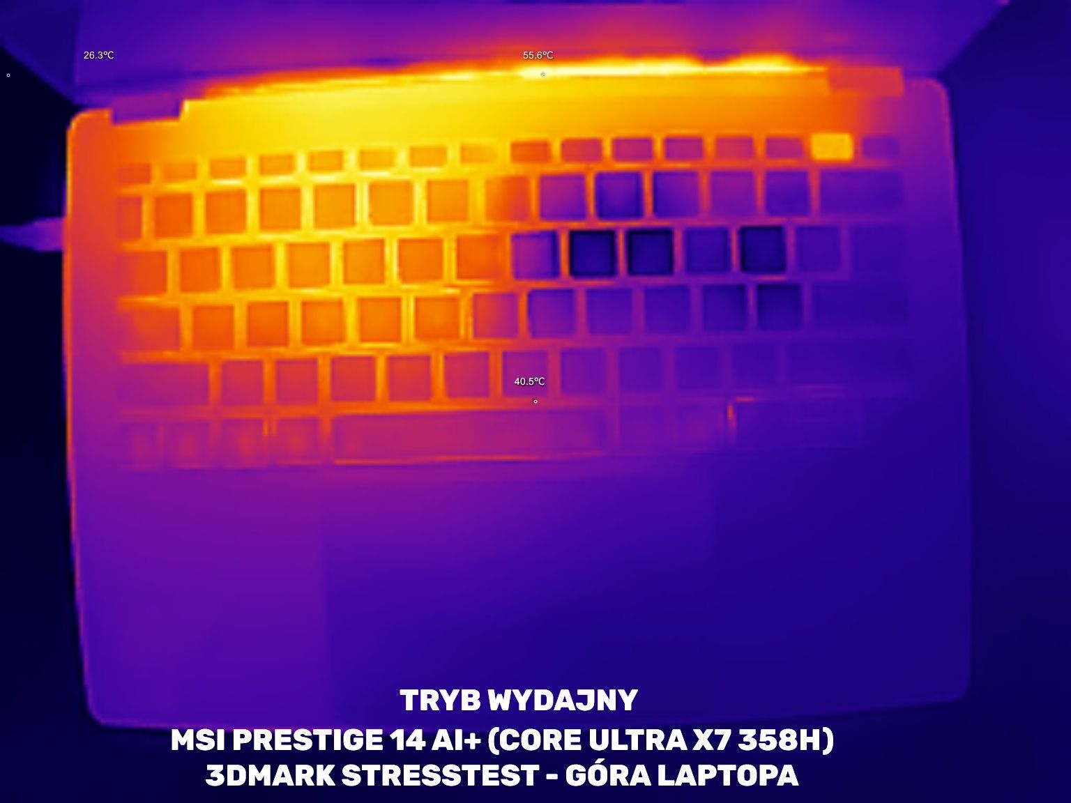 MSI Prestige 14 AI+ - temperatura pulpitu - tryb wydajność