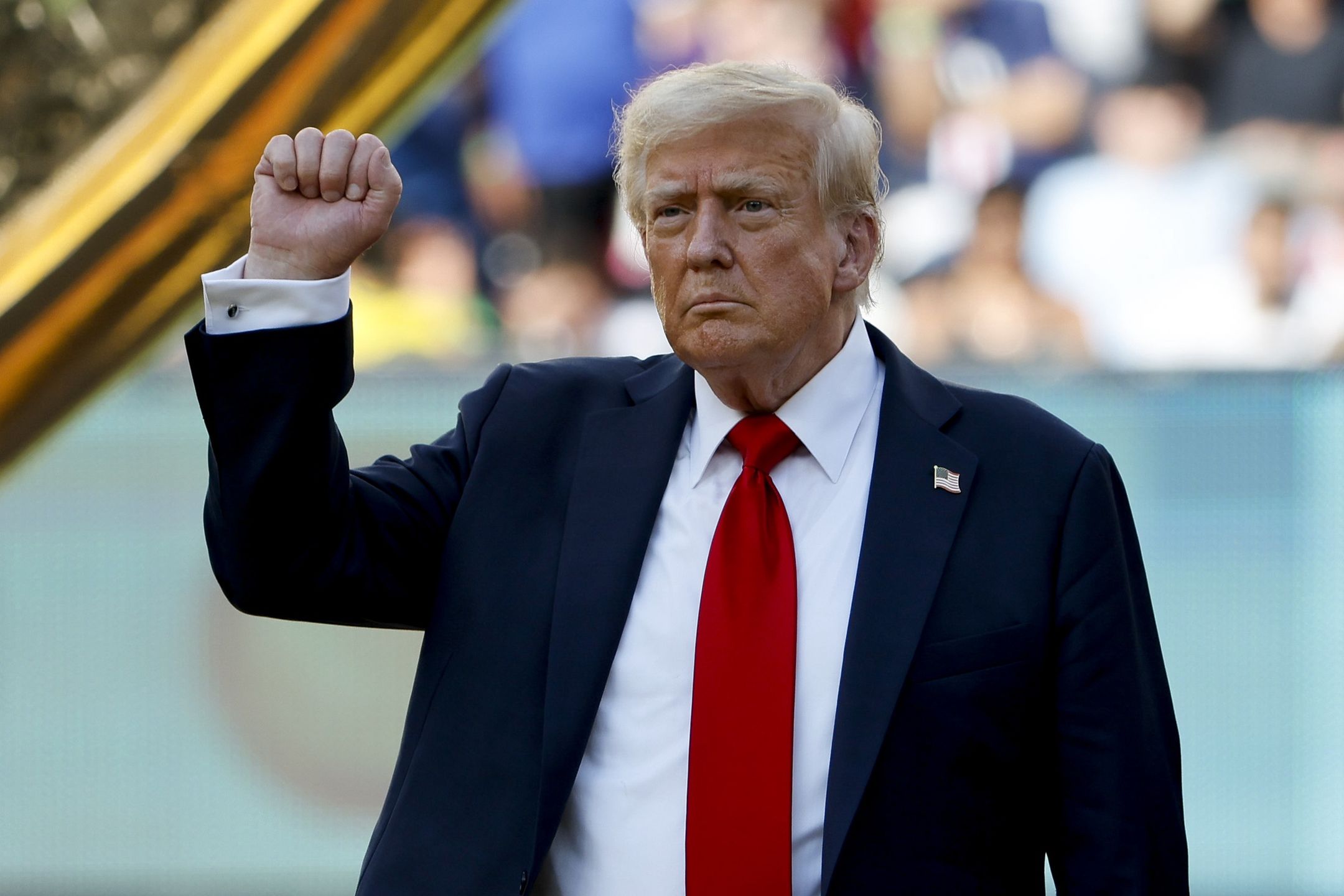 EAST RUTHERFORD, NEW JERSEY - JULY 13: Donald Trump during the trophy ceremony following the FIFA Club World Cup 2025 final football match between Chelsea FC and Paris Saint-Germain (PSG) at MetLife Stadium on July 13, 2025 in East Rutherford, New Jersey. (Photo by Jean Catuffe/Getty Images)