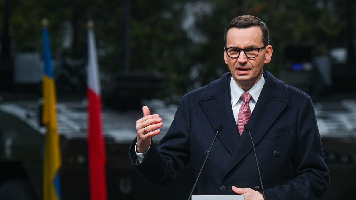 WARSAW, POLAND - APRIL 05, 2023:
Polish Prime Minister Mateusz Morawiecki, during a join press conference with President of Ukraine Volodymyr Zelenskyy, at the Chancellery of the Prime Minister, on April 05, 2023, in Warsaw, Poland. (Photo by Artur Widak/NurPhoto via Getty Images)