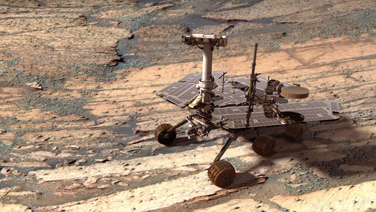 Łazik Opportunity na powierzchni Marsa (wizualizacja)