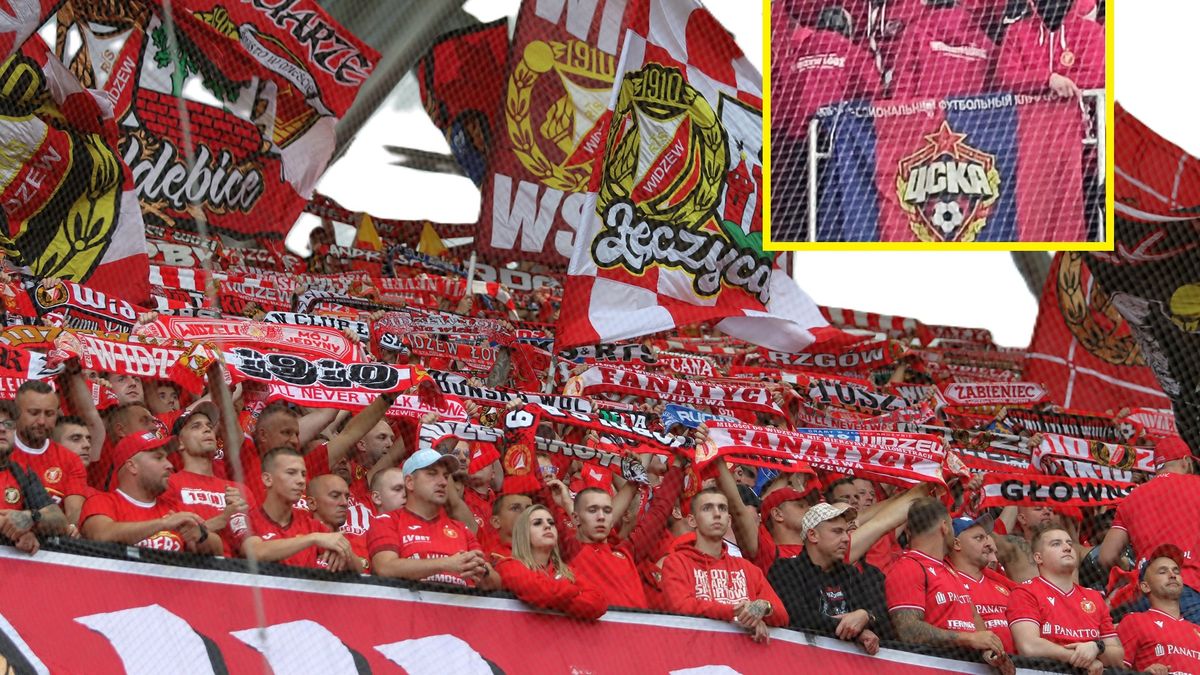 Na zdjęciu: kibice Widzewa Łódź, w ramce flaga i fani CSKA Moskwa