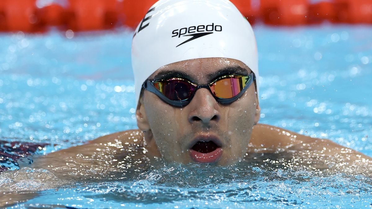 NANTERRE, FRANCE - JULY 28: Yazan Al Bawwab of Team Palestine reacts after competing in the Men’s 100m Backstroke Heats on day two of the Olympic Games Paris 2024 at Paris La Defense Arena on July 28, 2024 in Nanterre, France. (Photo by Sarah Stier/Getty Images)