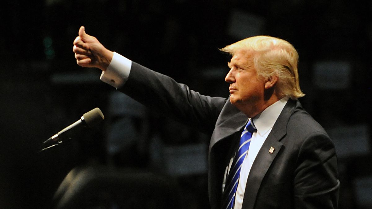 Republican presidential candidate Donald Trump gives the thumbs up after he addresses a crowd during a rally at the Times Union Center on Monday, April 11, 2016 in Albany, N.Y. (Photo by Lori Van Buren/Albany Times Union via Getty Images)