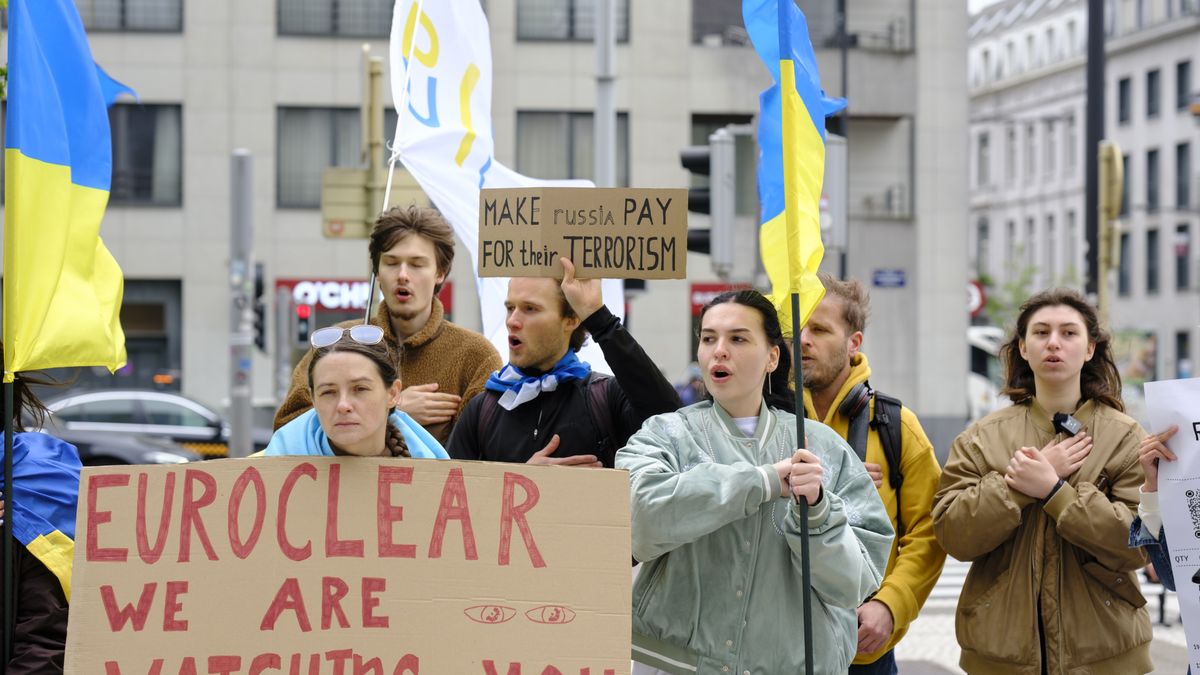 Ukrainian Demo For Frozen Assets Of The Russian Central Bank
SAINT-JOSSE-TEN-NOODE, BELGIUM - APRIL 11: Ukrainian from the diaspora demonstrate in front of the Belgium-based financial services company Euroclear to  advocate for Western nations to seize the frozen assets of the Central Bank of the Russian Federation on April 11, 2024 in Brussels, Belgium. The aim of the protest is to pressure Belgian authorities and Euroclear to ensure that the proceeds from these assets are dedicated entirely to Ukraine's defense and reconstruction efforts. (Photo by Thierry Monasse/Getty Images)
Thierry Monasse
bank, brussels, central bank of russia, central securities depository, clearing house, custodian bank, mariia koshkina, assets