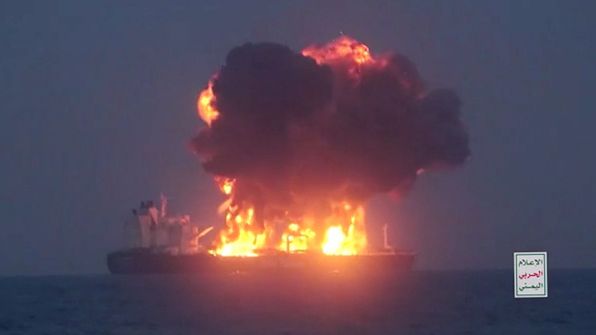 AT SEA (EDITOR'S NOTE: This handout screengrab was provided by a third-party organization and may not adhere to Getty Images' editorial policy.) In this handout screengrab released by the Houthi group media center on August 23, 2024, Fires can be seen onboard the Sounion, a Greek-flagged oil tanker. Yemen's Houthi group claimed responsibility for an attack targeting the vessel with an explosive-laden drone, in solidarity with Palestinian people in the Gaza Strip. (Photo by Houthi Media Center via Getty Images)