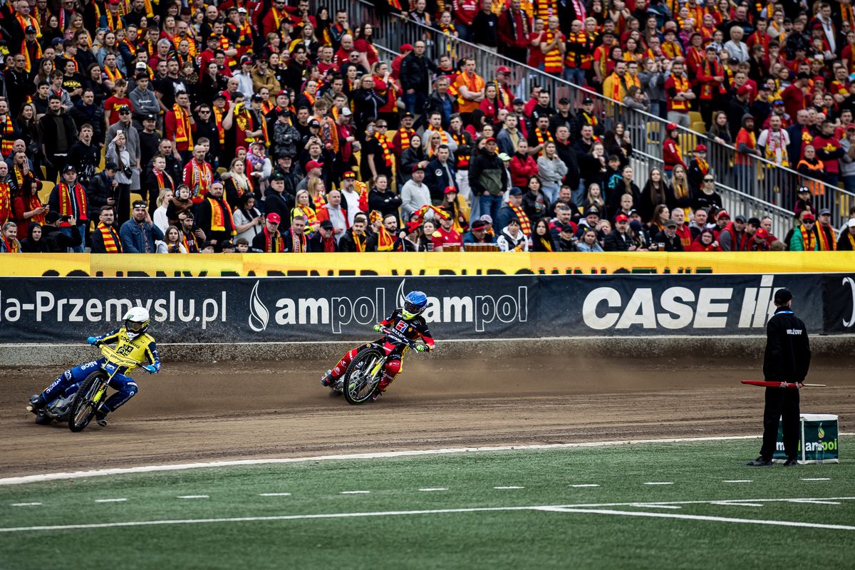 A speedway match in the PGE Ekstraliga is currently taking place between Betard Sparta Wroclaw and GKM Grudziadz in Wroclaw, Poland, on April 26, 2024. In the photo are Jaimon Lidsey and Artem Laguta. (Photo by Mateusz Birecki/NurPhoto via Getty Images)