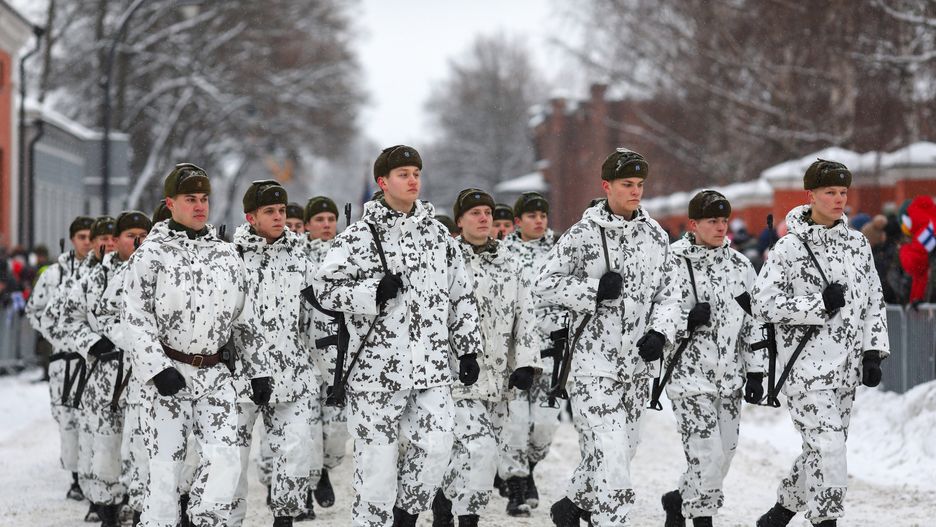 HAMINA, FINLAND - 2022/12/06: Soldiers of the Finnish Armed Forces are seen marching during the Independence Day parade in Hamina city. The Finnish Defence Forces celebrated the 105th Independence Day of Finland with a national parade on 6 December 2022 in Hamina. The theme of the parade is "Security will be done together". (Photo by Takimoto Marina/SOPA Images/LightRocket via Getty Images)