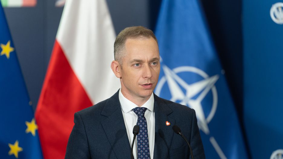 WARSAW, POLAND - 2024/07/17: Cezary Tomczyk, Secretary of State at the Ministry of National Defense, speaks during a press conference. A joint press conference was held at the headquarters of the Ministry of National Defense to summarize activities to strengthen the eastern border of the Republic of Poland. with the participation of Deputy Prime Minister and Minister of National Defense Wladyslaw Kosiniak-Kamysz, Minister of Interior and Administration, coordinator of special services Tomasz Siemoniak, Deputy Minister Cezary Tomczyk and Deputy Minister Czeslaw Mroczek. (Photo by Marek Antoni Iwanczuk/SOPA Images/LightRocket via Getty Images)