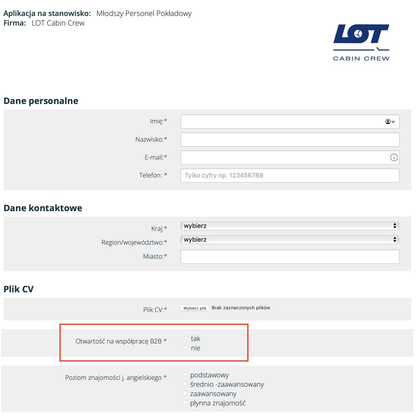 Kwestionariusz rekrutacyjny LOT Cabin Crew