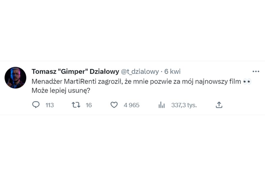 Gimper informujący, że menadżer MartiRenti grozi mu pozwem