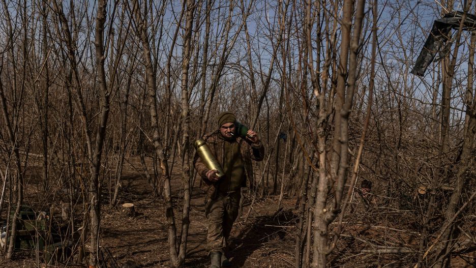 Temporary
DONETSK OBLAST, UKRAINE - MARCH 04: Ukrainian soldier carries artillery shells as the war between Russia and Ukraine has been going on for the last two years, in the direction of Bakhmut, Donetsk Oblast, Ukraine on March 04, 2024. Diego Herrera Carcedo / Anadolu
AA/ABACA
