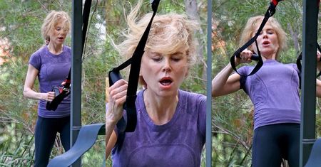 Naturalna Nicole Kidman trenuje w pocie czoła na siłowni pod chmurką (ZDJĘCIA)
