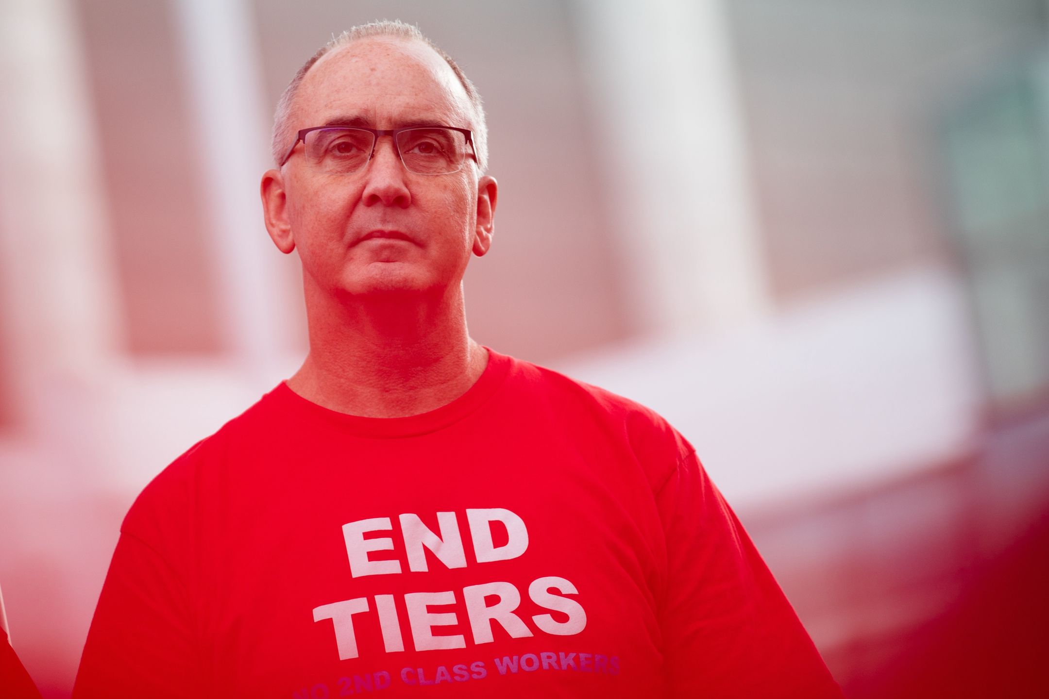 Shawn Fain, president of the United Auto Workers (UAW), during a UAW rally in Detroit, Michigan, US, on Friday, Sept. 15, 2023. The United Auto Workers began an unprecedented strike at all three of the legacy Detroit carmakers, kicking off a potentially costly and protracted showdown over wages and job security. Photographer: Emily Elconin/Bloomberg via Getty Images