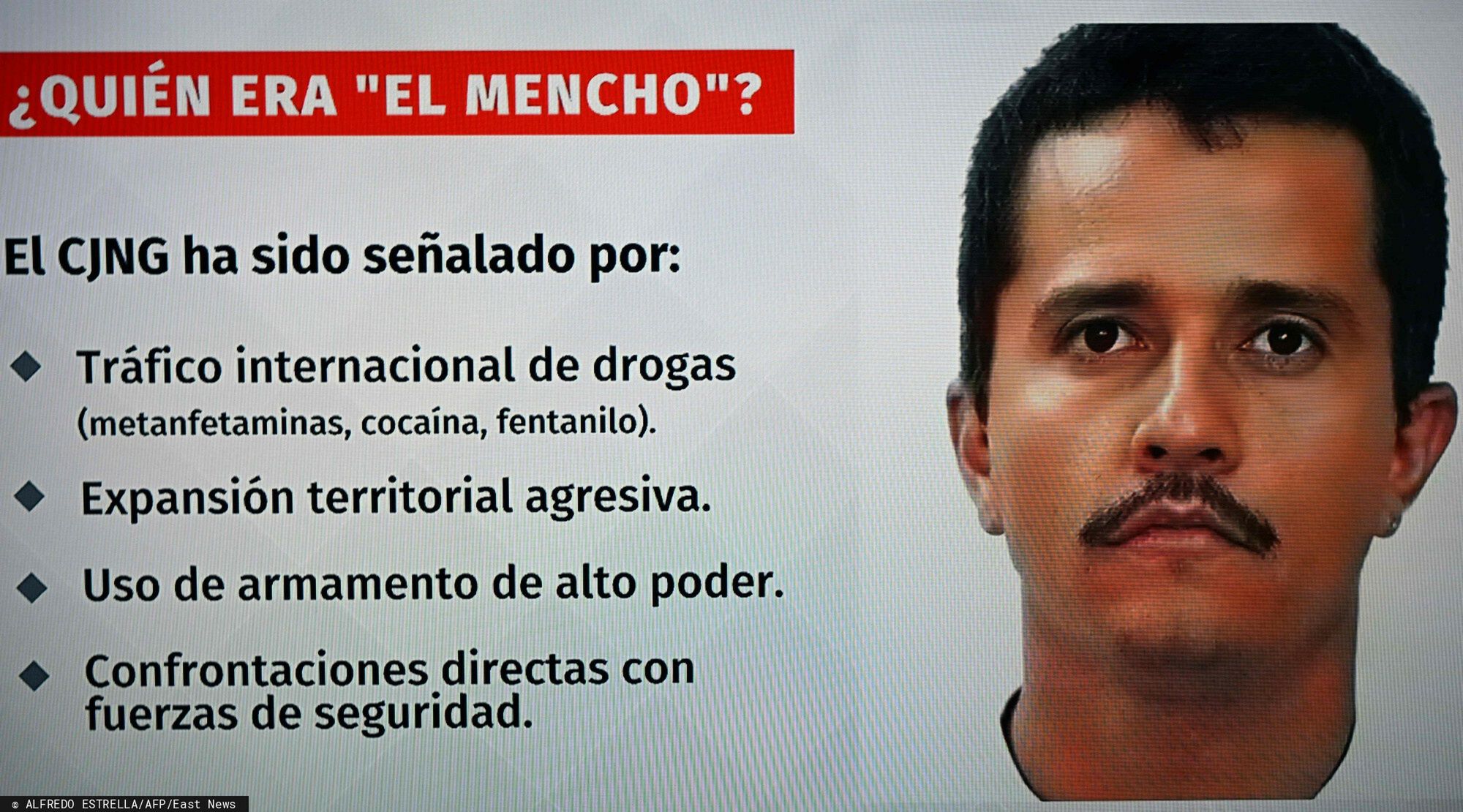 Archiwum zagraniczne East News 2026-02This screen shot from the Mexican TV shows an image of Nemesio Oeguera Cervantes, aka "El Mencho", leader of the Jalisco New Generation Cartel (CJNG) criminal organization, in Mexico City on February 22, 2026. The Mexican army announced the death of powerful drug lord Oseguera Cervantes, for whom the United States was offering a ?12 million reward, adding in a statement that ?El Mencho? was wounded in an operation carried out in the town of Tapalpa, in the western state of Jalisco, and died ?during his transfer by air to Mexico City?. (Photo by Alfredo ESTRELLA / MEXICAN TV / AFP)ALFREDO ESTRELLA