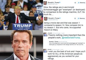 Trump wyśmiewa oglądalność Schwarzeneggera: "ZOSTAŁ ZNISZCZONY w porównaniu z buldożerem rankingów, Donaldem J. Trumpem!"