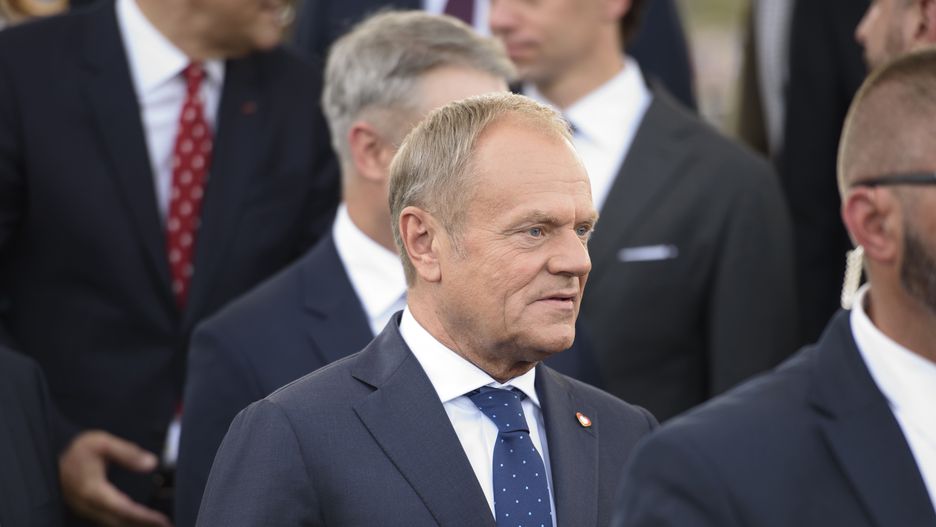 Poland's Prime Minister Donald Tusk is looking on as he is taking part in the National Army Day in Warsaw, Poland, on August 11, 2024. Thousands of members of the Polish armed forces are taking part in the Armed Forces Day military parade that takes place annually on August 15 to commemorate Poland's victory over the Soviet Union's army in 1920. (Photo by Aleksander Kalka/NurPhoto via Getty Images)