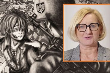 Kadr z filmu "Wśród sąsiadów" i szefowa KRRiT Agnieszka Glapiak