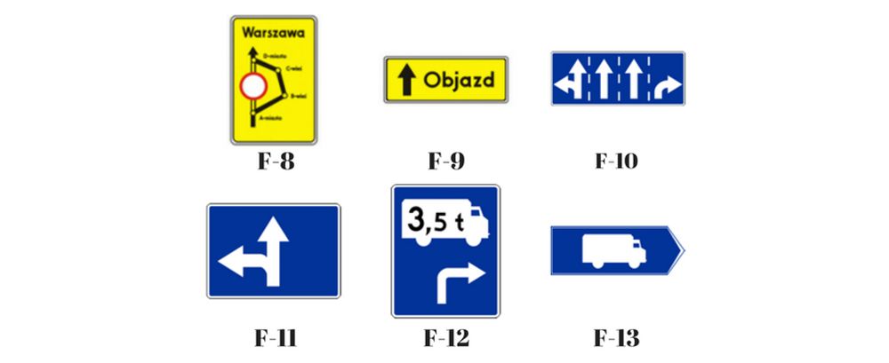 Objazd w związku z zamknięciem drogi (F- 8); Znak prowadzący na drodze objazdowej (F- 9); Kierunki na pasach ruchu (F-10); Kierunki na pasie ruchu (F-11); Znak wskazujący przejazd tranzytowy umieszczany przed skrzyżowaniem (F-12); Przejazd tranzytowy (F-13)