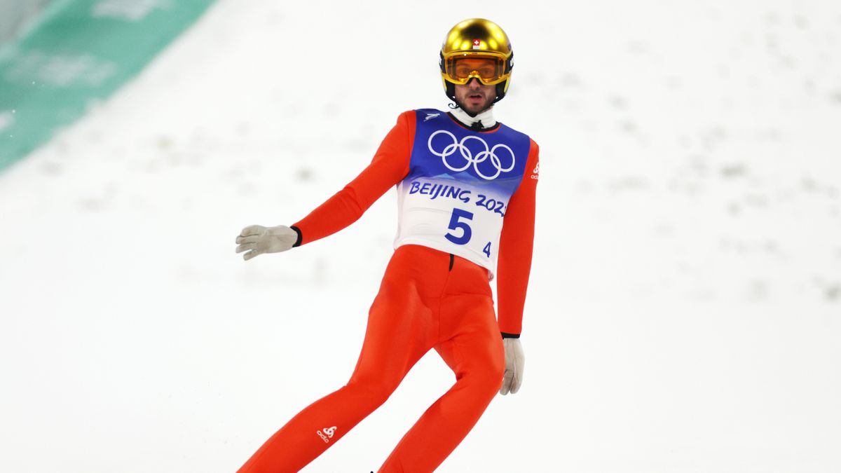 ZHANGJIAKOU, CHINA - FEBRUARY 14: Killian Peier of Team Switzerland reacts during the Men's Ski jumping Final Round on Day 10 of Beijing 2022 Winter Olympics at National Ski Jumping Centre on February 14, 2022 in Zhangjiakou, China. (Photo by Maja Hitij/Getty Images)