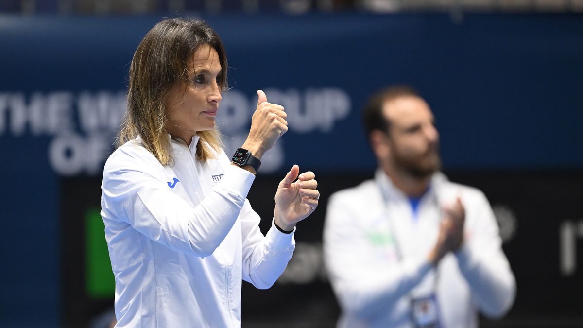 SEVILLE, SPAIN - NOVEMBER 11: Tathiana Garbin, Captain of Team Italy looks on during the match between Martina Trevisan and Kaja Juvan during the Billie Jean King Cup Semi Final match between Italy and Slovenia at Estadio de La Cartuja on November 11, 2023 in Seville, Spain. (Photo by Tullio Puglia/Getty Images)