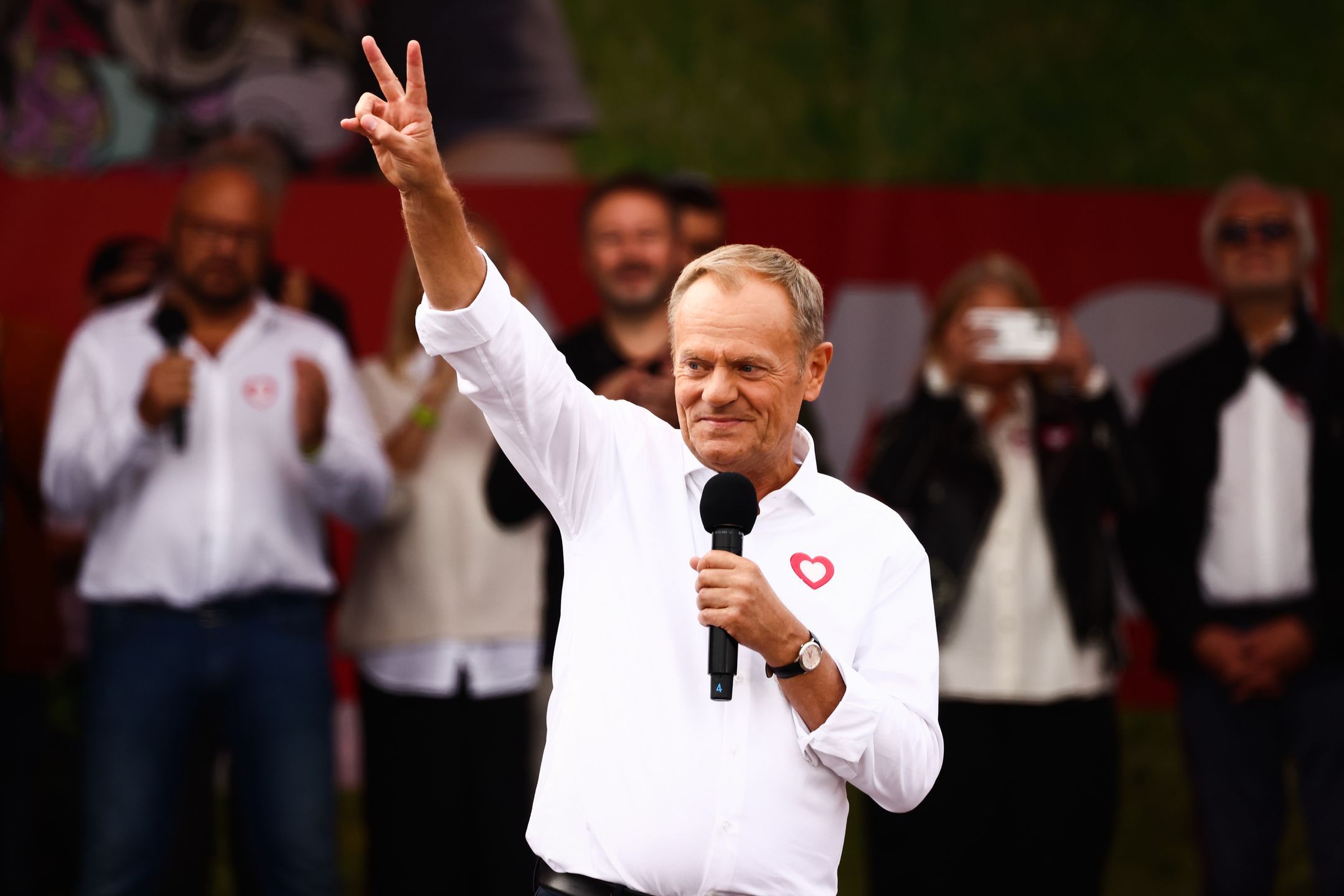 Polish opposition leader Donald Tusk attends 'Million Hearts March' organized by Civic Coalition (KO) in Warsaw, Poland on October 1st, 2023. The largest demonstration in recent years in Poland gathered people to protest against Poland's conservative government two weeks ahead of a general election. (Photo by Beata Zawrzel/NurPhoto via Getty Images)
