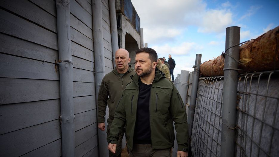 DONETSK, UKRAINE - APRIL 19: (----EDITORIAL USE ONLY - MANDATORY CREDIT - 'PRESIDENCY OF UKRAINE / HANDOUT' - NO MARKETING NO ADVERTISING CAMPAIGNS - DISTRIBUTED AS A SERVICE TO CLIENTS----) President of Ukraine Volodymyr Zelenskyy (front) meets with the Head of the Donetsk Regional Military Administration, Vadym Filashkin (rear) in Donetsk Region, Ukraine on April 19, 2024. Filashkin, reported on the elimination of the consequences of Russian shelling and the restoration of water supply in the settlements. He also spoke about ensuring educational activities in the region and the construction of school shelters. (Photo by Presidency of Ukraine/Anadolu via Getty Images)