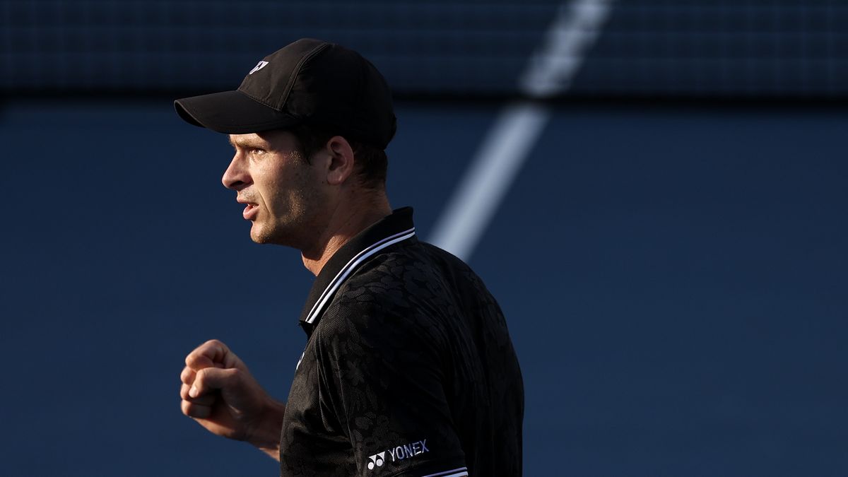 MIAMI GARDENS, FLORIDA - MARCH 27: Hubert Hurkacz of Poland reacts during a match against Adrian Mannarino of France during the Miami Open at Hard Rock Stadium on March 27, 2023 in Miami Gardens, Florida. (Photo by Tim Nwachukwu/Getty Images)