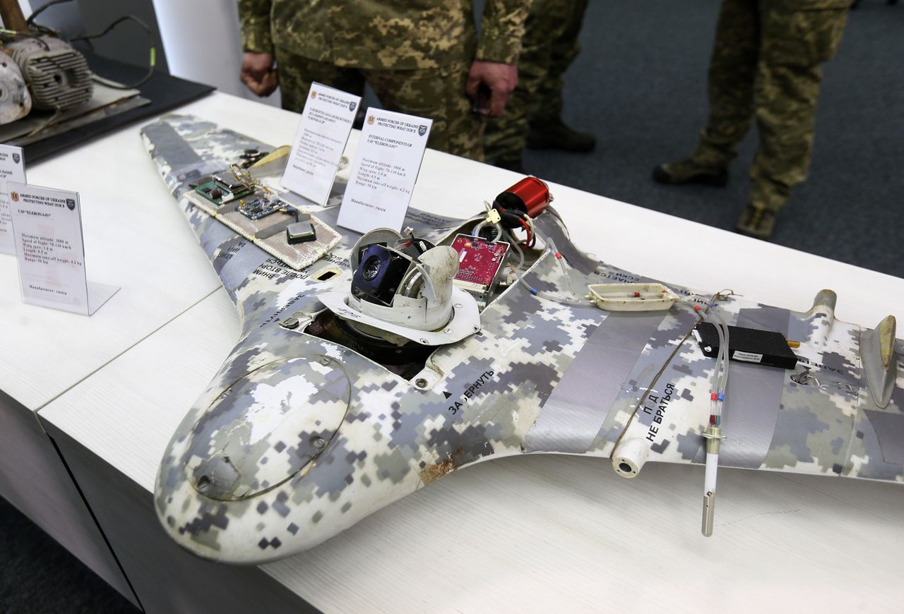 Parts of UAV Eleron-3-SV, used by the Russia against Ukraine, are seen during a media briefing of the Security and Defense Forces of Ukraine in Kyiv, Ukraine. (Photo by STR/NurPhoto via Getty Images)