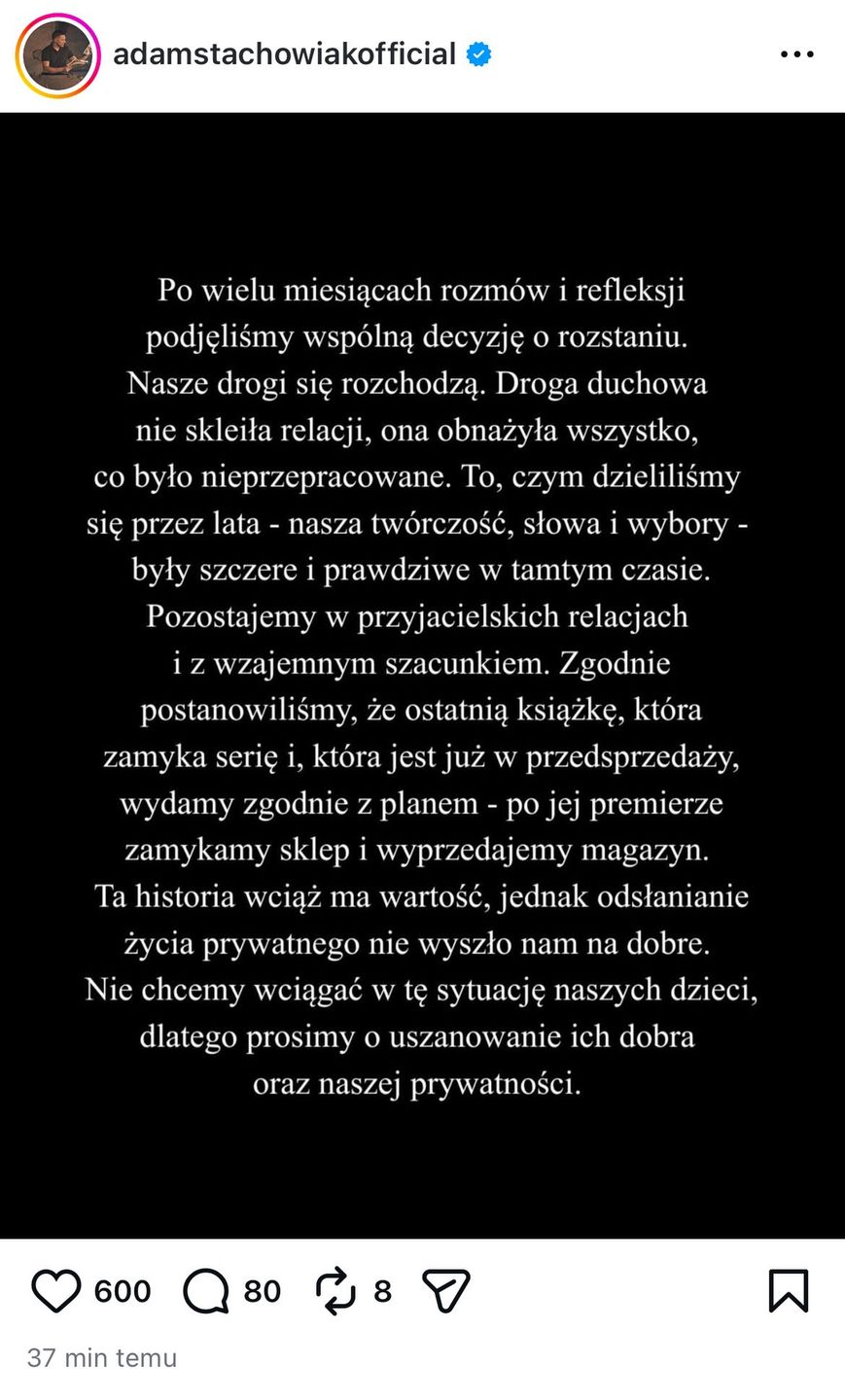Adam Stachowiak informuje o rozstaniu 