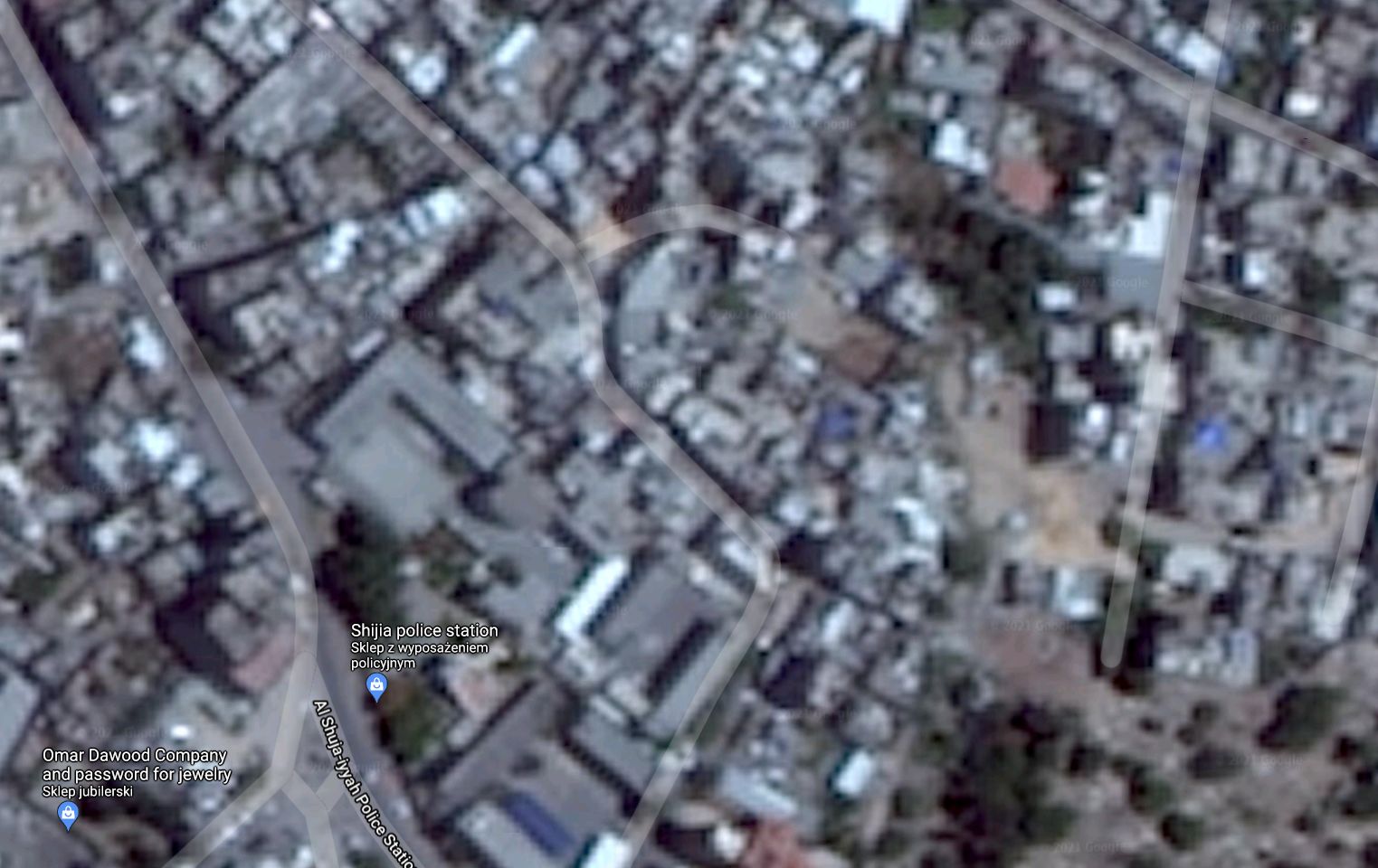 Zbliżenie na fragment centrum Gazy w Mapach Google.