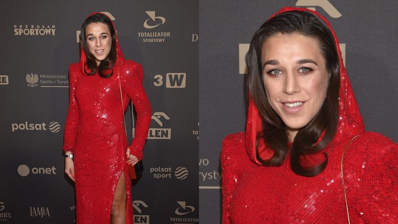 Joanna Jędrzejczyk w czerwieni pozuje na ściance podczas Gali Mistrzów Sportu
