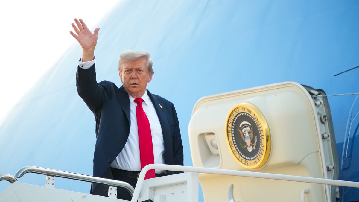 JOINT BASE ANDREWS, MARYLAND - AUGUST 15: U.S. President Donald Trump boards Air Force One on August 15, 2025 at Joint Base Andrews, Maryland. President Trump is traveling to Anchorage, Alaska, for peace talks with Russian President Vladimir Putin on the war in Ukraine. (Photo by Andrew Harnik/Getty Images)