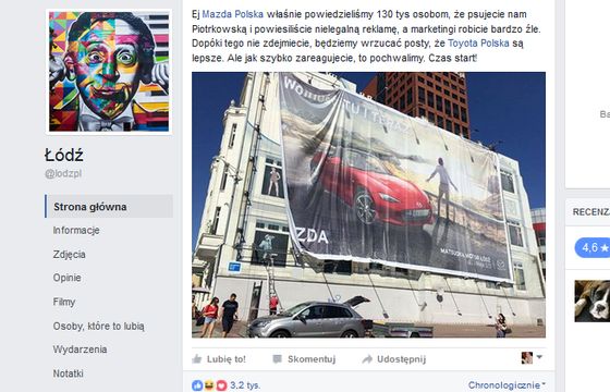 Łódź wytknęła Maździe na FB wielkoformatowy billboard w centrum miasta. Firma podkreśla, że reklama jest legalna