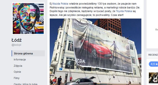 Łódź wytknęła Maździe na FB wielkoformatowy billboard w centrum miasta. Firma podkreśla, że reklama jest legalna