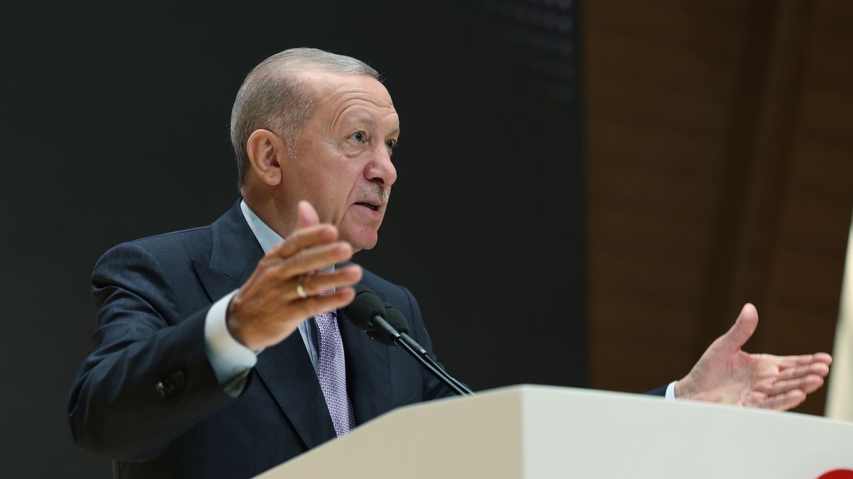 ANKARA, TURKIYE - SEPTEMBER 02:  (----EDITORIAL USE ONLY - MANDATORY CREDIT - 'TURKISH PRESIDENCY / MUSTAFA KAMACI / HANDOUT' - NO MARKETING NO ADVERTISING CAMPAIGNS - DISTRIBUTED AS A SERVICE TO CLIENTS----) Turkish President Recep Tayyip Erdogan speaks during the Opening Ceremony of Judicial Year 2024-2025 at the Presidency of the Court of Cassation in Ankara, Turkiye on September 02, 2024. (Photo by TUR Presidency / Mustafa Kamaci / Handout/Anadolu via Getty Images)