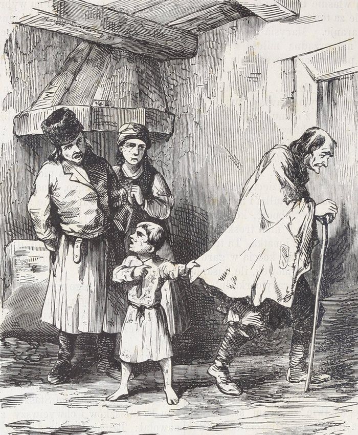 Wnuczek broniący dziadka wyganianego z chałupy. Rysunek z początku lat 60. XIX wieku