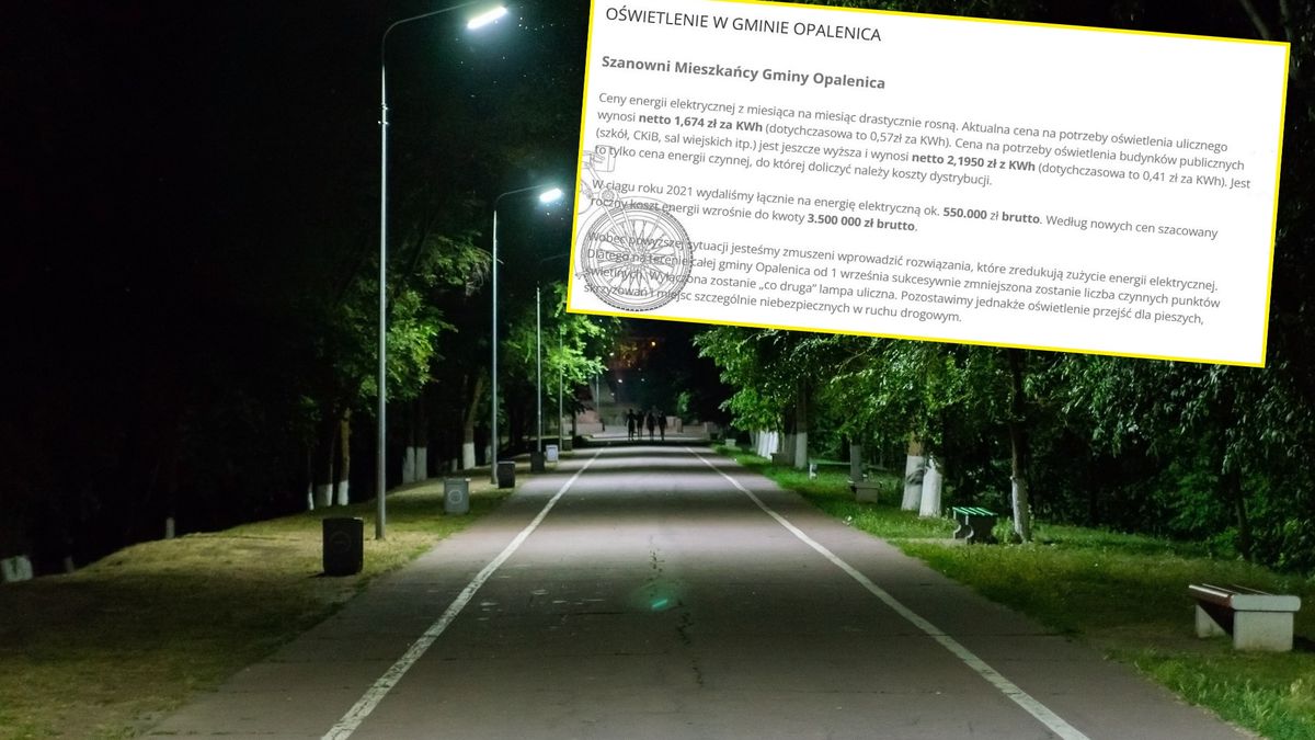 Na zdjęciu oświetlenie uliczne nocą. Nałożony na zdjęcie jest list władz Opalenicy do mieszkańców