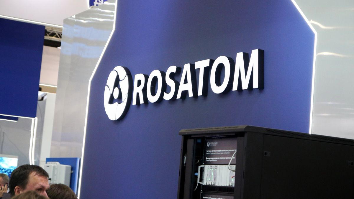 SAINT PETERSBURG, RUSSIA - 2024/10/08: The Rosatom logo seen at their booth during the St. Petersburg International Gas Forum, which is taking place at the Expoforum. (Photo by Maksim Konstantinov/SOPA Images/LightRocket via Getty Images)