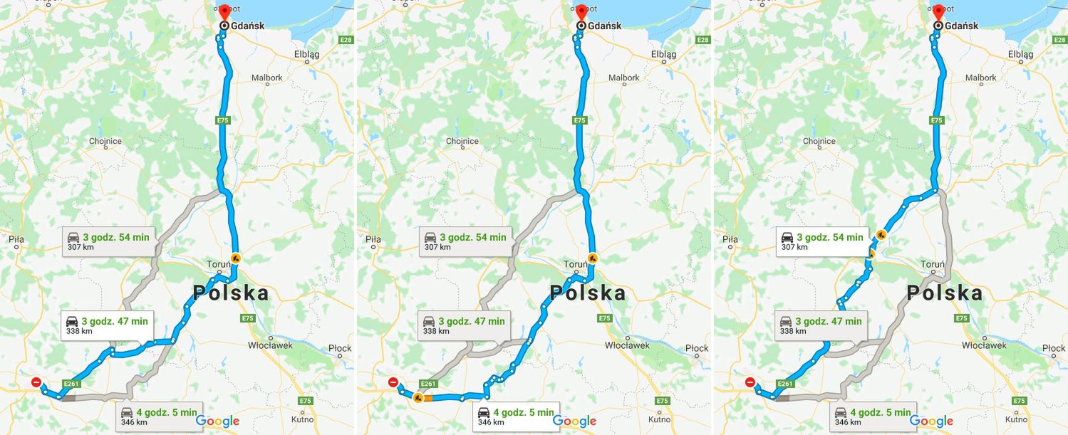 Od lewej trasa przez Gniezno i Toruń, przez Wrzesnię i Toruń, przez Bydgoszcz