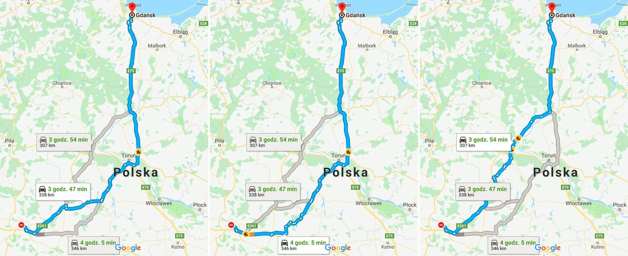Od lewej trasa przez Gniezno i Toruń, przez Wrzesnię i Toruń, przez Bydgoszcz