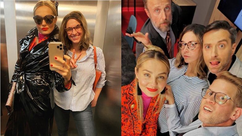 Małgorzata Socha i Julia Kamińska pozują na planie "Brzyduli"
